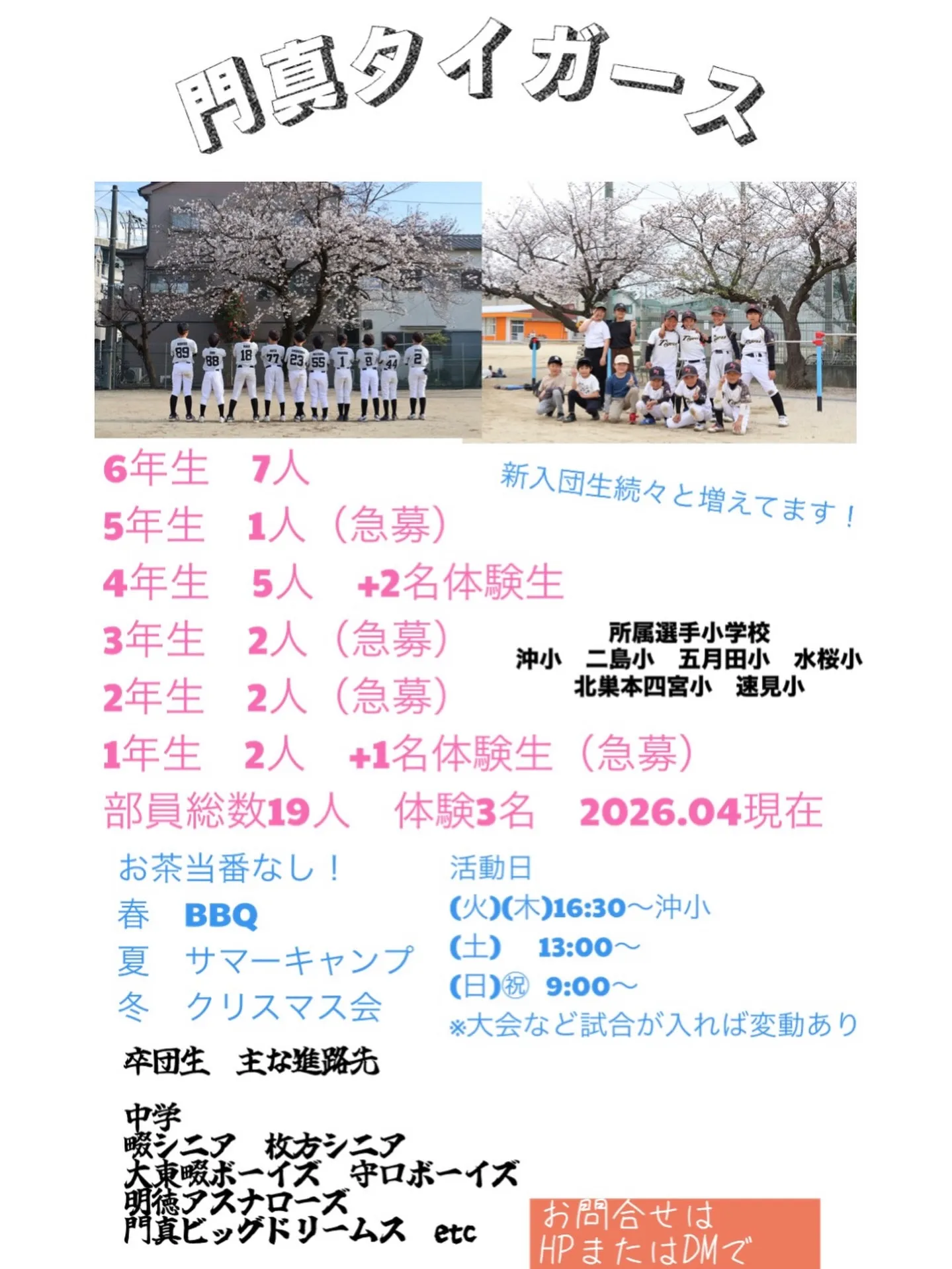 門真タイガース新入団生続々と増えています。